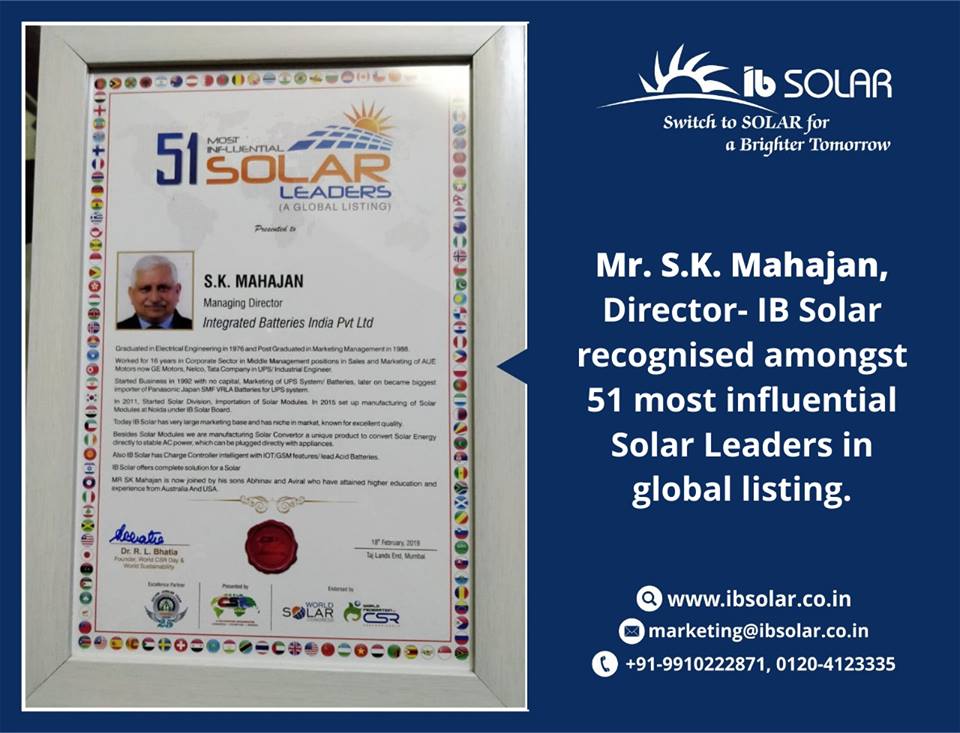 Mr. S.K. Mahajan, Director- IB Solar recognized amongst 51